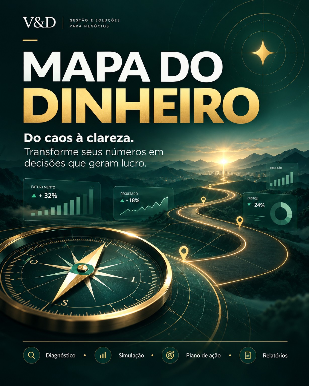 Capa do Mapa do Dinheiro, V&D, com rosa dos ventos dourada sobre fundo verde escuro